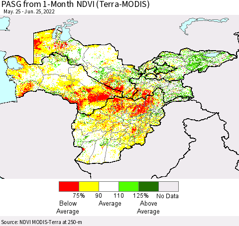 Central Asia PASG from 1-Month NDVI (Terra-MODIS) Thematic Map For 6/18/2022 - 6/25/2022