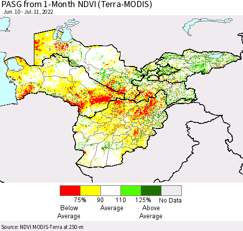 Central Asia PASG from 1-Month NDVI (Terra-MODIS) Thematic Map For 7/4/2022 - 7/11/2022