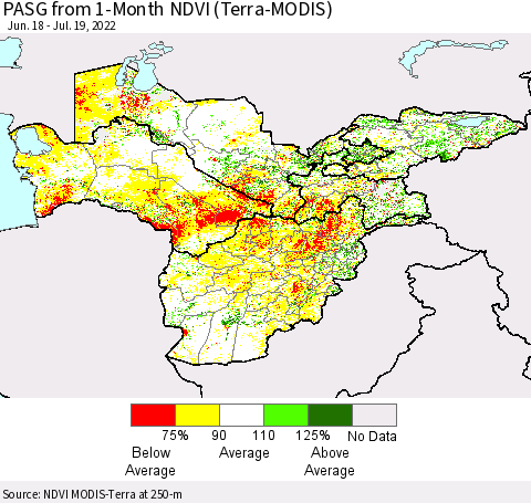 Central Asia PASG from 1-Month NDVI (Terra-MODIS) Thematic Map For 7/12/2022 - 7/19/2022