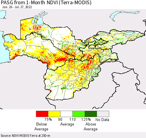 Central Asia PASG from 1-Month NDVI (Terra-MODIS) Thematic Map For 7/20/2022 - 7/27/2022