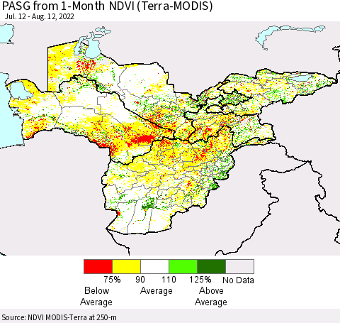 Central Asia PASG from 1-Month NDVI (Terra-MODIS) Thematic Map For 8/5/2022 - 8/12/2022