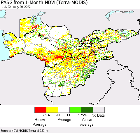 Central Asia PASG from 1-Month NDVI (Terra-MODIS) Thematic Map For 8/13/2022 - 8/20/2022