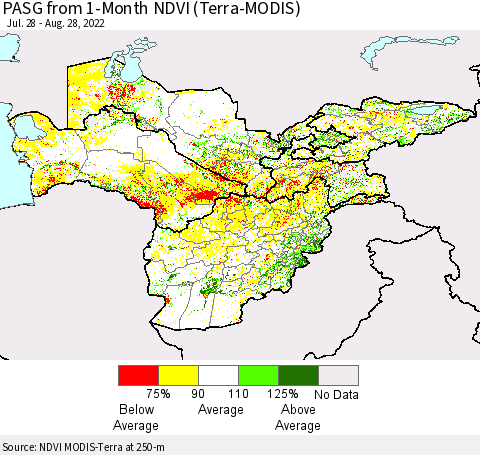 Central Asia PASG from 1-Month NDVI (Terra-MODIS) Thematic Map For 8/21/2022 - 8/28/2022