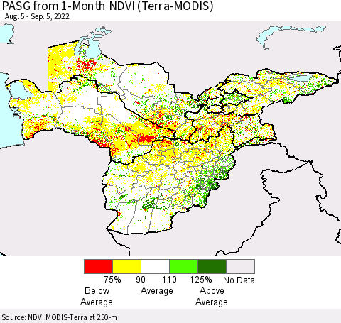 Central Asia PASG from 1-Month NDVI (Terra-MODIS) Thematic Map For 8/29/2022 - 9/5/2022