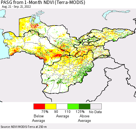 Central Asia PASG from 1-Month NDVI (Terra-MODIS) Thematic Map For 9/14/2022 - 9/21/2022