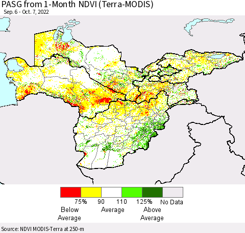 Central Asia PASG from 1-Month NDVI (Terra-MODIS) Thematic Map For 9/30/2022 - 10/7/2022