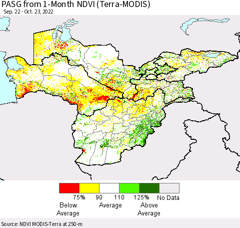 Central Asia PASG from 1-Month NDVI (Terra-MODIS) Thematic Map For 10/16/2022 - 10/23/2022