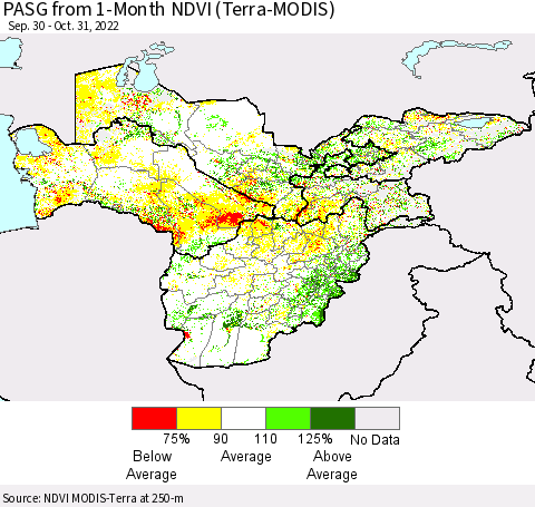 Central Asia PASG from 1-Month NDVI (Terra-MODIS) Thematic Map For 10/24/2022 - 10/31/2022