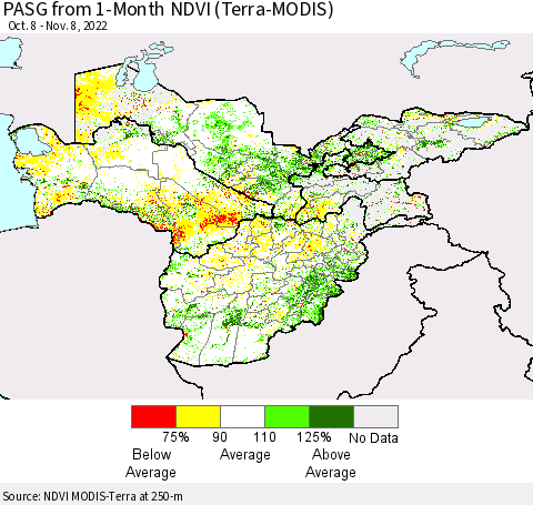 Central Asia PASG from 1-Month NDVI (Terra-MODIS) Thematic Map For 11/1/2022 - 11/8/2022