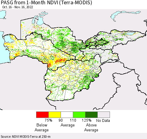 Central Asia PASG from 1-Month NDVI (Terra-MODIS) Thematic Map For 11/9/2022 - 11/16/2022