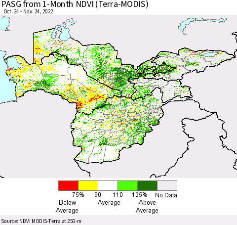 Central Asia PASG from 1-Month NDVI (Terra-MODIS) Thematic Map For 11/17/2022 - 11/24/2022