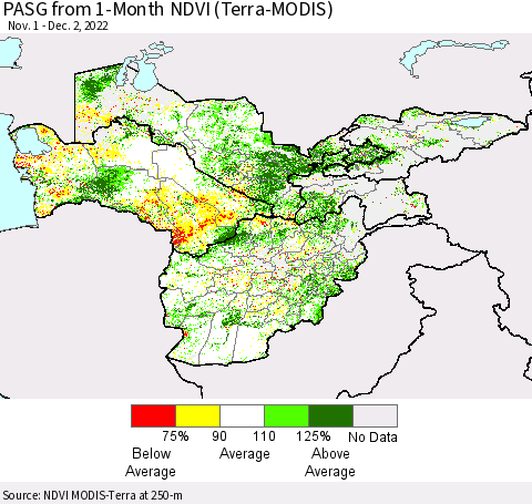Central Asia PASG from 1-Month NDVI (Terra-MODIS) Thematic Map For 11/25/2022 - 12/2/2022