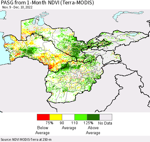 Central Asia PASG from 1-Month NDVI (Terra-MODIS) Thematic Map For 12/3/2022 - 12/10/2022