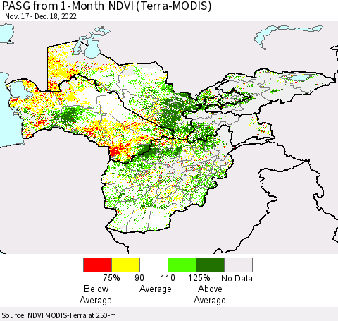 Central Asia PASG from 1-Month NDVI (Terra-MODIS) Thematic Map For 12/11/2022 - 12/18/2022