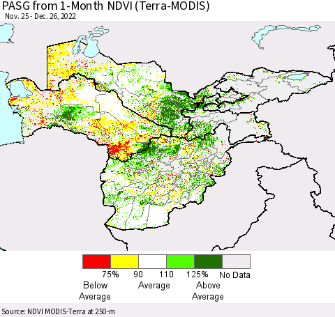 Central Asia PASG from 1-Month NDVI (Terra-MODIS) Thematic Map For 12/19/2022 - 12/26/2022