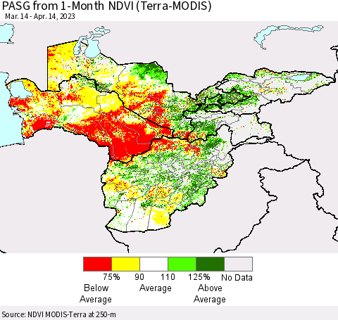 Central Asia PASG from 1-Month NDVI (Terra-MODIS) Thematic Map For 4/7/2023 - 4/14/2023