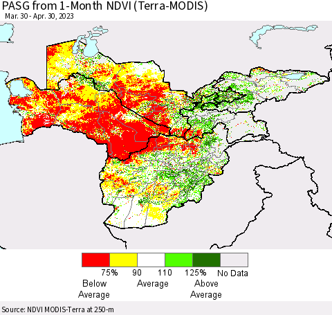 Central Asia PASG from 1-Month NDVI (Terra-MODIS) Thematic Map For 4/23/2023 - 4/30/2023