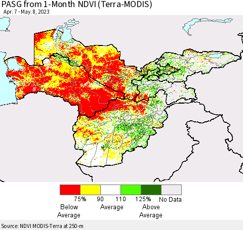Central Asia PASG from 1-Month NDVI (Terra-MODIS) Thematic Map For 5/1/2023 - 5/8/2023