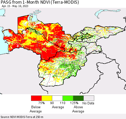 Central Asia PASG from 1-Month NDVI (Terra-MODIS) Thematic Map For 5/9/2023 - 5/16/2023
