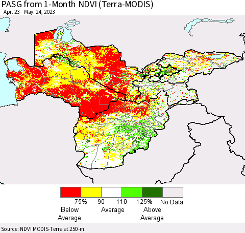 Central Asia PASG from 1-Month NDVI (Terra-MODIS) Thematic Map For 5/17/2023 - 5/24/2023