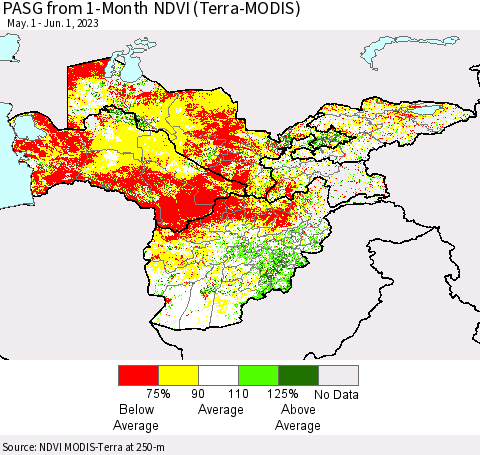 Central Asia PASG from 1-Month NDVI (Terra-MODIS) Thematic Map For 5/25/2023 - 6/1/2023