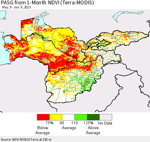 Central Asia PASG from 1-Month NDVI (Terra-MODIS) Thematic Map For 6/2/2023 - 6/9/2023