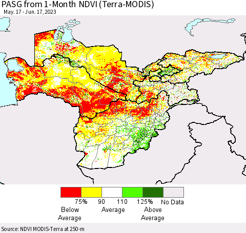 Central Asia PASG from 1-Month NDVI (Terra-MODIS) Thematic Map For 6/10/2023 - 6/17/2023
