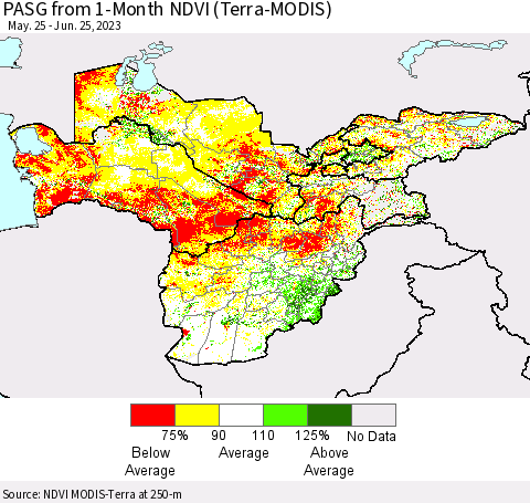 Central Asia PASG from 1-Month NDVI (Terra-MODIS) Thematic Map For 6/18/2023 - 6/25/2023