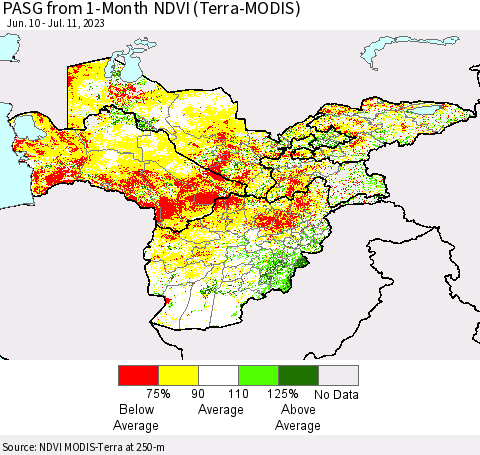 Central Asia PASG from 1-Month NDVI (Terra-MODIS) Thematic Map For 7/4/2023 - 7/11/2023