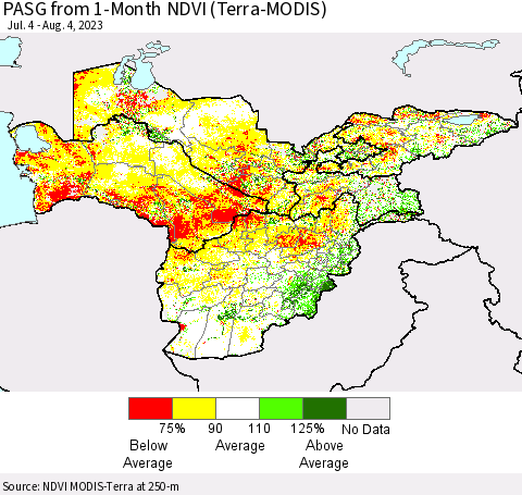 Central Asia PASG from 1-Month NDVI (Terra-MODIS) Thematic Map For 7/28/2023 - 8/4/2023