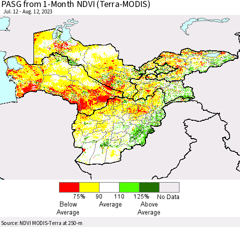 Central Asia PASG from 1-Month NDVI (Terra-MODIS) Thematic Map For 8/5/2023 - 8/12/2023