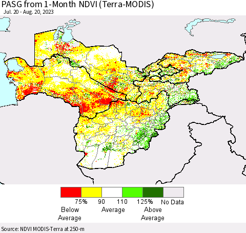 Central Asia PASG from 1-Month NDVI (Terra-MODIS) Thematic Map For 8/13/2023 - 8/20/2023