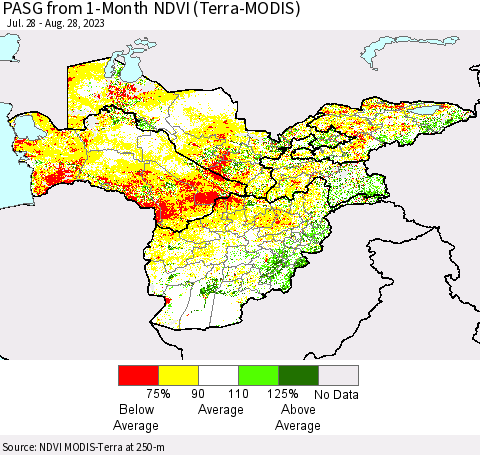 Central Asia PASG from 1-Month NDVI (Terra-MODIS) Thematic Map For 8/21/2023 - 8/28/2023