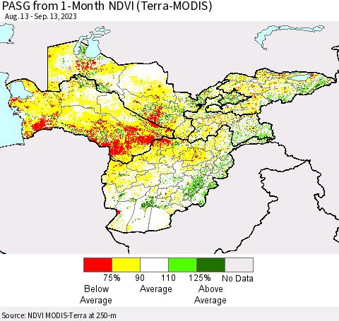 Central Asia PASG from 1-Month NDVI (Terra-MODIS) Thematic Map For 9/6/2023 - 9/13/2023