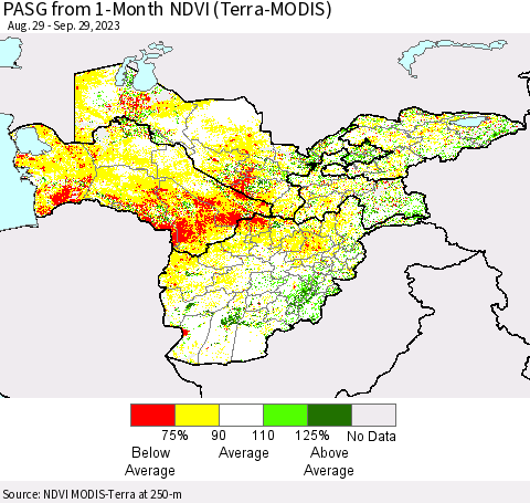 Central Asia PASG from 1-Month NDVI (Terra-MODIS) Thematic Map For 9/22/2023 - 9/29/2023