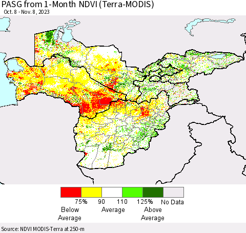Central Asia PASG from 1-Month NDVI (Terra-MODIS) Thematic Map For 11/1/2023 - 11/8/2023