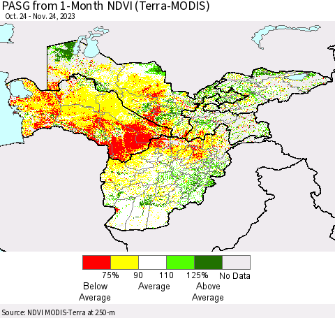 Central Asia PASG from 1-Month NDVI (Terra-MODIS) Thematic Map For 11/17/2023 - 11/24/2023