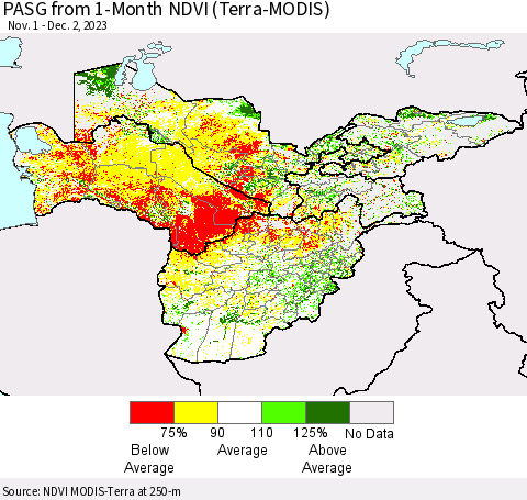 Central Asia PASG from 1-Month NDVI (Terra-MODIS) Thematic Map For 11/25/2023 - 12/2/2023