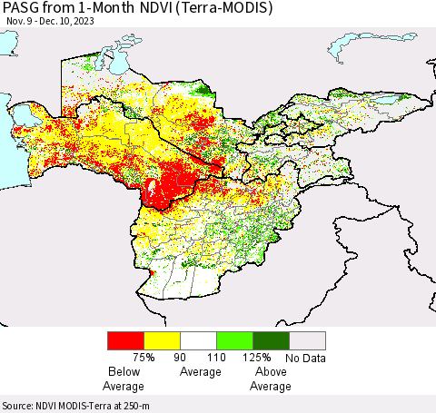Central Asia PASG from 1-Month NDVI (Terra-MODIS) Thematic Map For 12/3/2023 - 12/10/2023