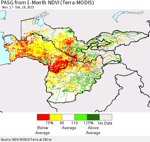 Central Asia PASG from 1-Month NDVI (Terra-MODIS) Thematic Map For 12/11/2023 - 12/18/2023