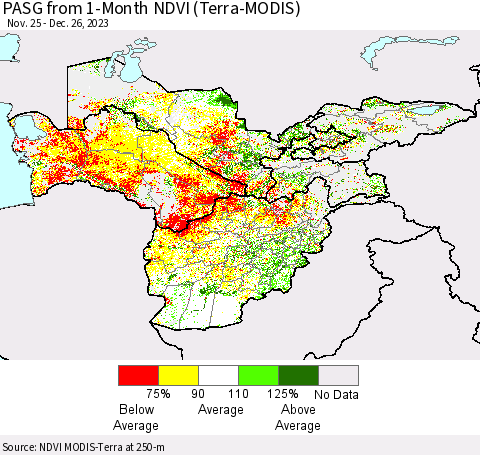 Central Asia PASG from 1-Month NDVI (Terra-MODIS) Thematic Map For 12/19/2023 - 12/26/2023
