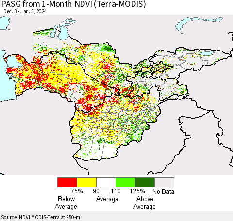 Central Asia PASG from 1-Month NDVI (Terra-MODIS) Thematic Map For 12/27/2023 - 1/3/2024