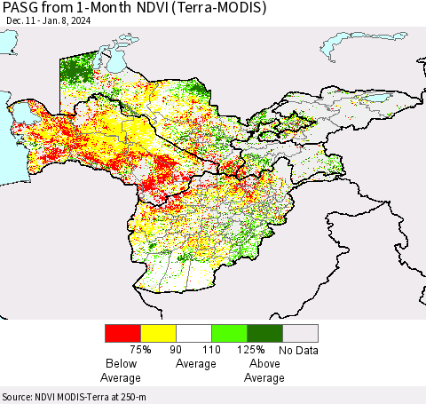 Central Asia PASG from 1-Month NDVI (Terra-MODIS) Thematic Map For 1/1/2024 - 1/8/2024