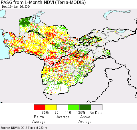 Central Asia PASG from 1-Month NDVI (Terra-MODIS) Thematic Map For 1/9/2024 - 1/16/2024