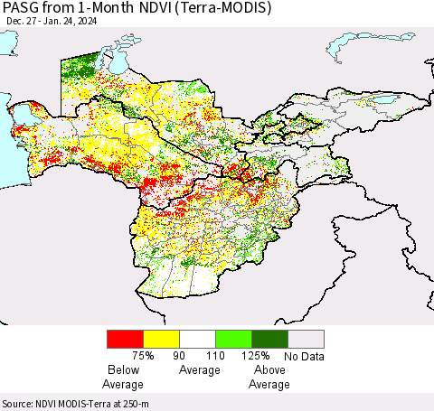 Central Asia PASG from 1-Month NDVI (Terra-MODIS) Thematic Map For 1/17/2024 - 1/24/2024