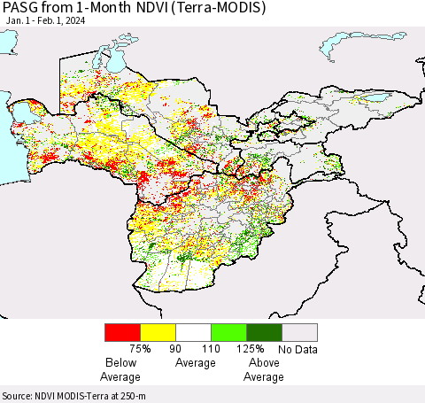 Central Asia PASG from 1-Month NDVI (Terra-MODIS) Thematic Map For 1/25/2024 - 2/1/2024
