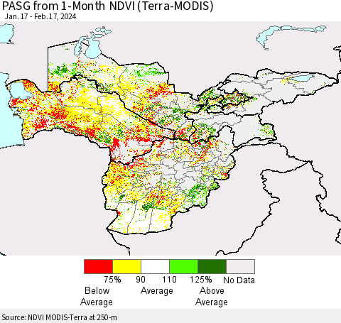 Central Asia PASG from 1-Month NDVI (Terra-MODIS) Thematic Map For 2/10/2024 - 2/17/2024