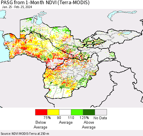 Central Asia PASG from 1-Month NDVI (Terra-MODIS) Thematic Map For 2/18/2024 - 2/25/2024