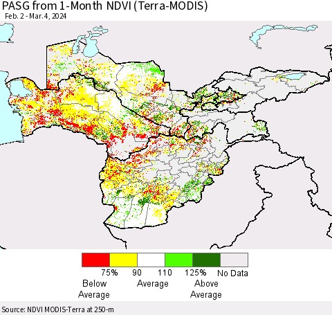 Central Asia PASG from 1-Month NDVI (Terra-MODIS) Thematic Map For 2/26/2024 - 3/4/2024