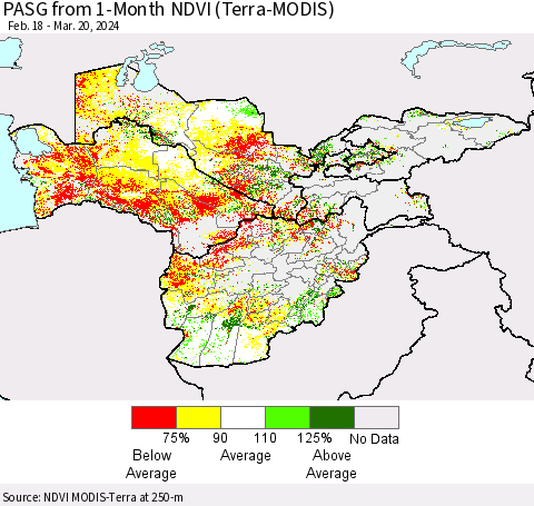 Central Asia PASG from 1-Month NDVI (Terra-MODIS) Thematic Map For 3/13/2024 - 3/20/2024